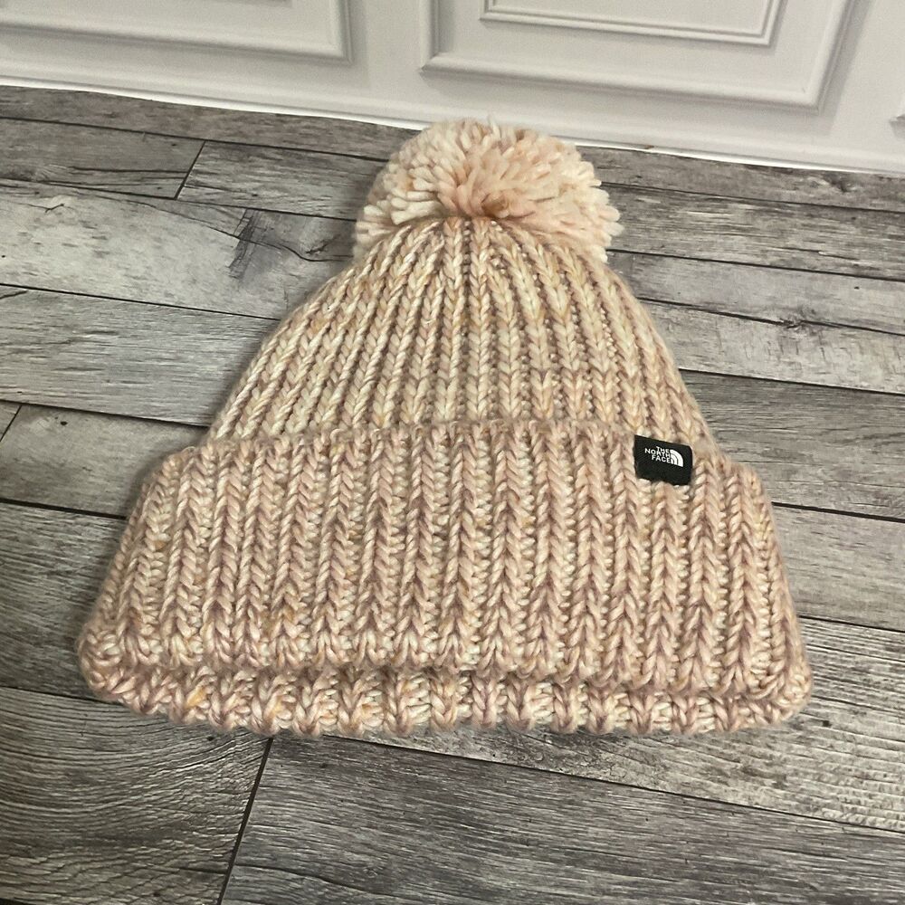 The North Face Knit Beanie Hat Pompom Logo Solid Pink/Ivory One Size